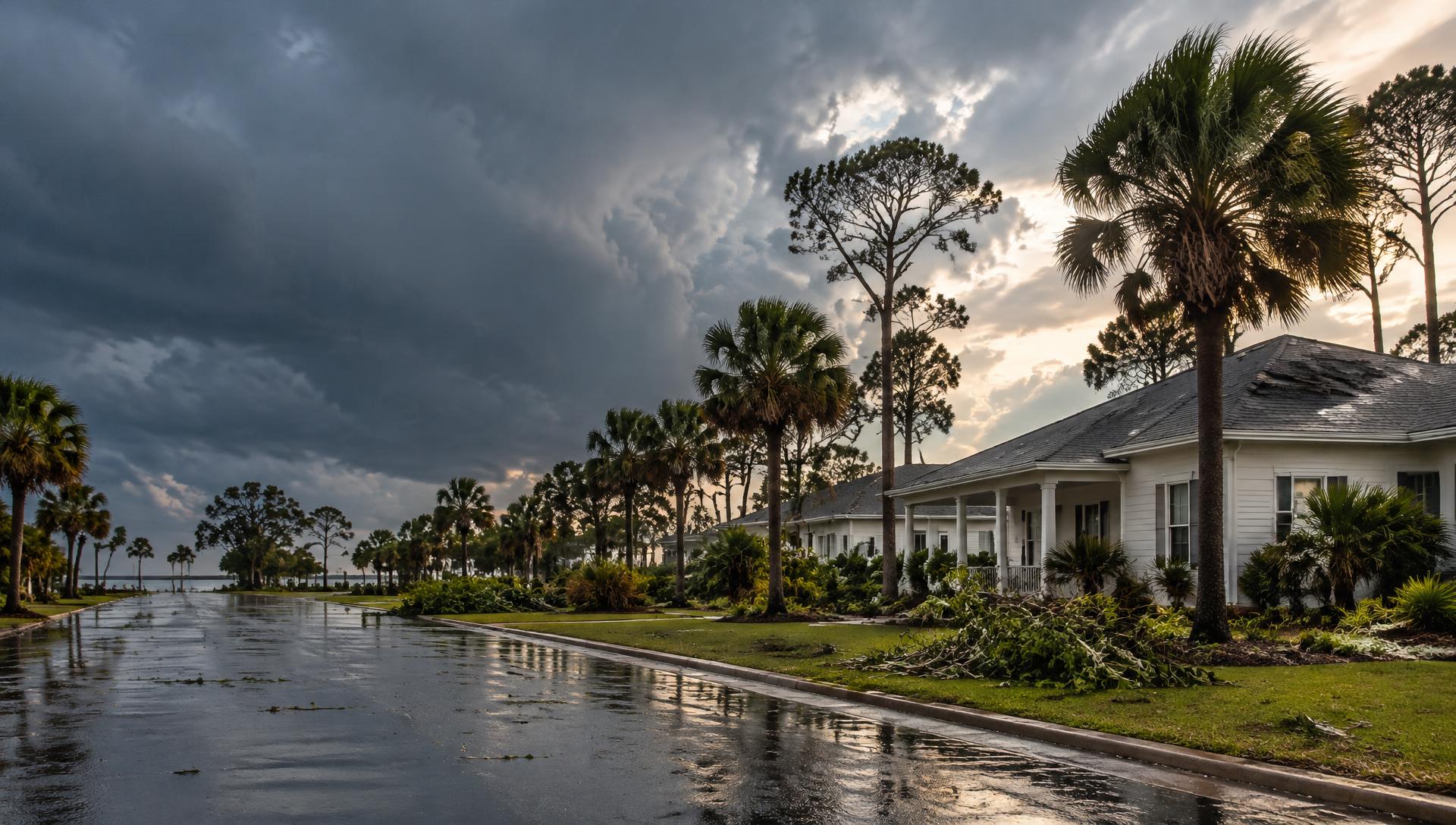 Pensacola-style coastal homes and wet residential street after a storm